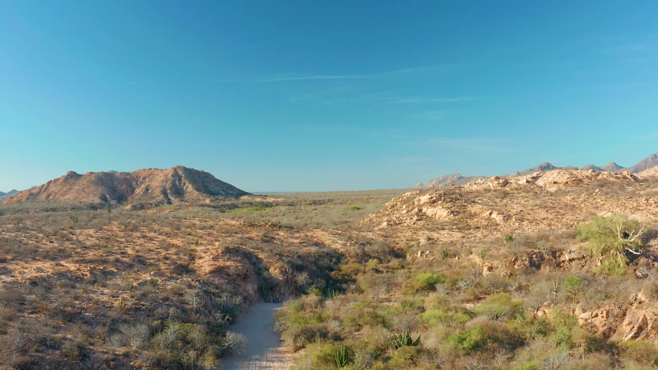 The path stays low in the foreground as scrubland spreads toward low rocky hills in Cabo Pulmo, with no visible people.