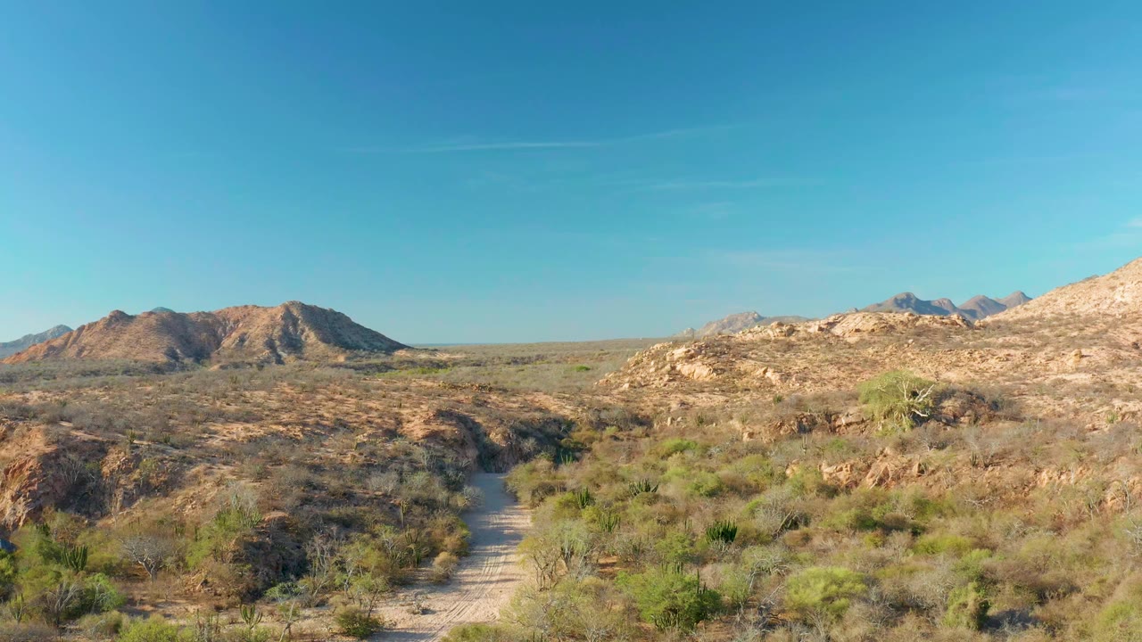 Opening frame of a pale dirt path crossing arid Cabo Pulmo terrain, with scrub vegetation, rocky hills, distant mountains, clear blue sky, and no visible people.