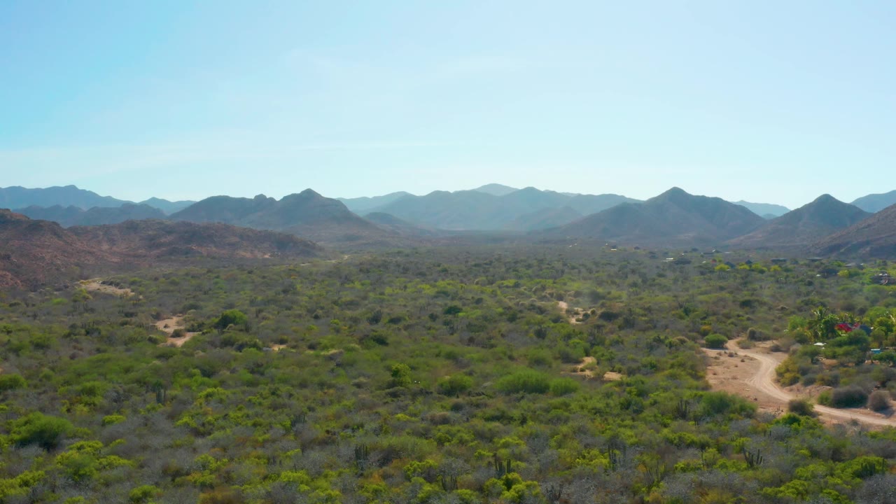 Wide aerial view over Cabo Pulmo, Baja California Sur, with low scrub vegetation, branching dirt paths, distant mountain ridges, clear blue sky, and no visible people.