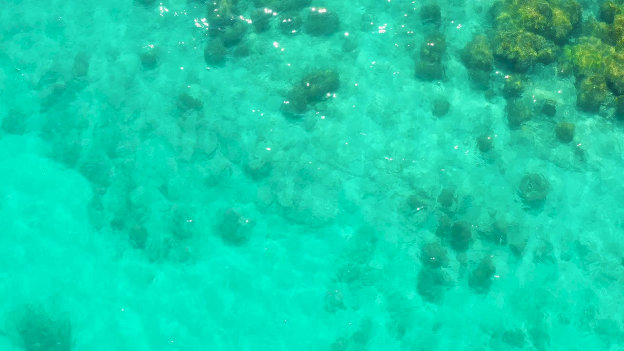 Clear blue-green water in Cabo Pulmo shows darker underwater rocks and small sun reflections across the surface, with no visible people.