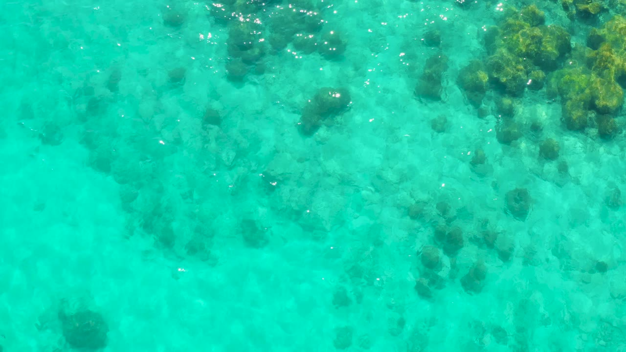 Cabo Pulmo water fills the frame with a darker submerged rock cluster near the top right and no visible people.