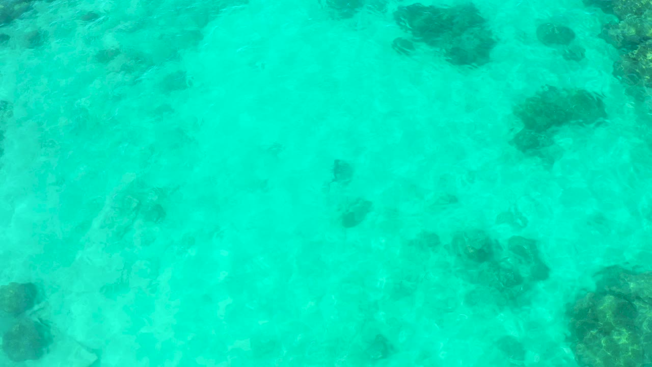 Overhead view of clear turquoise water in Cabo Pulmo, Mexico, with dark submerged rocks visible beneath ripples and no visible people.