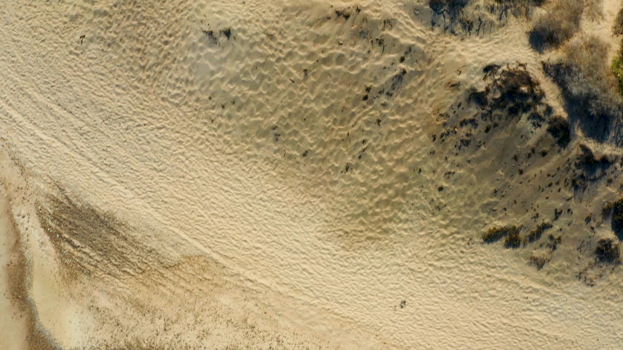 A red truck appears near the lower edge of the overhead Cabo Pulmo desert frame, surrounded by pale sand, faint tracks, scrub patches, and no visible people.