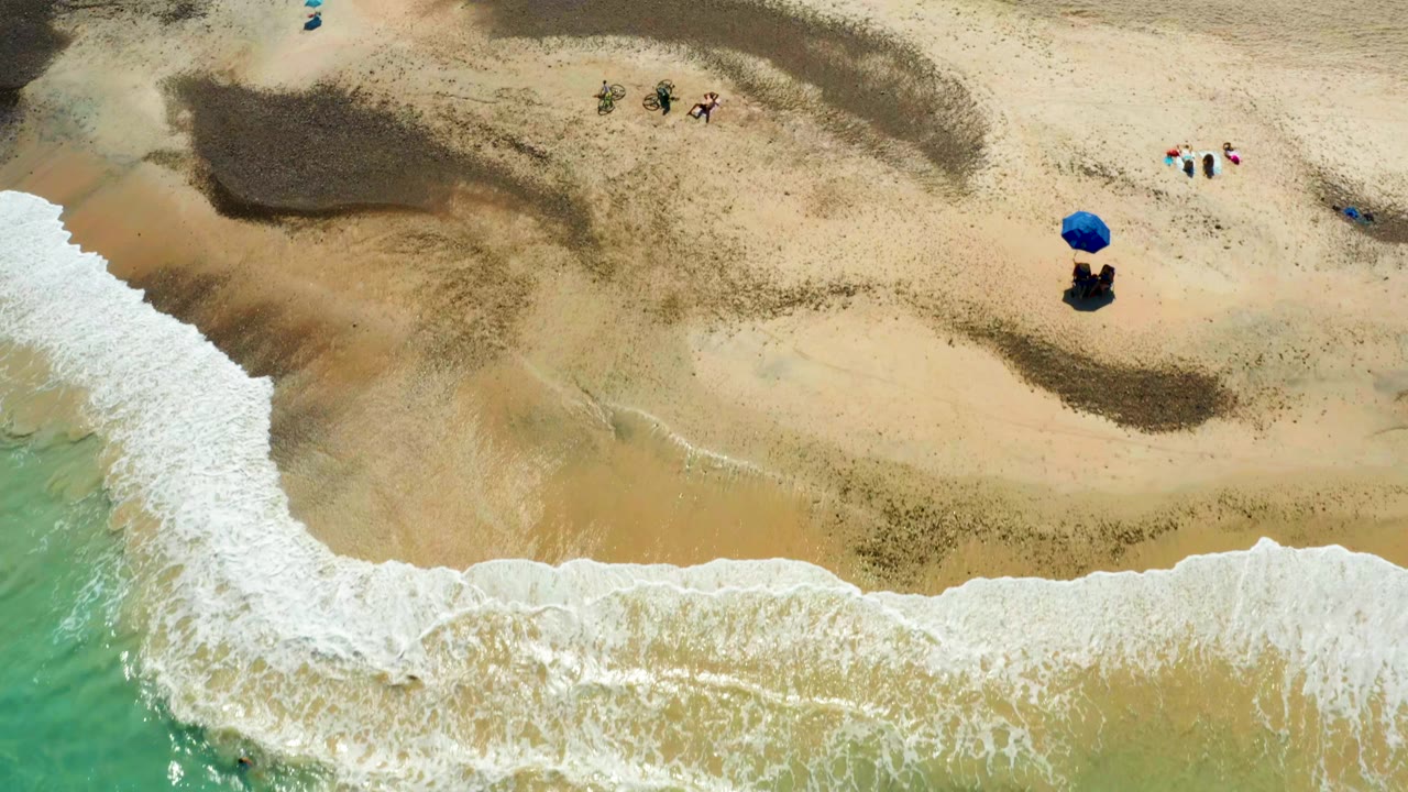Overhead view of a Cabo Pulmo beach where white surf reaches tan sand near small groups of people, bicycles, and a blue umbrella.
