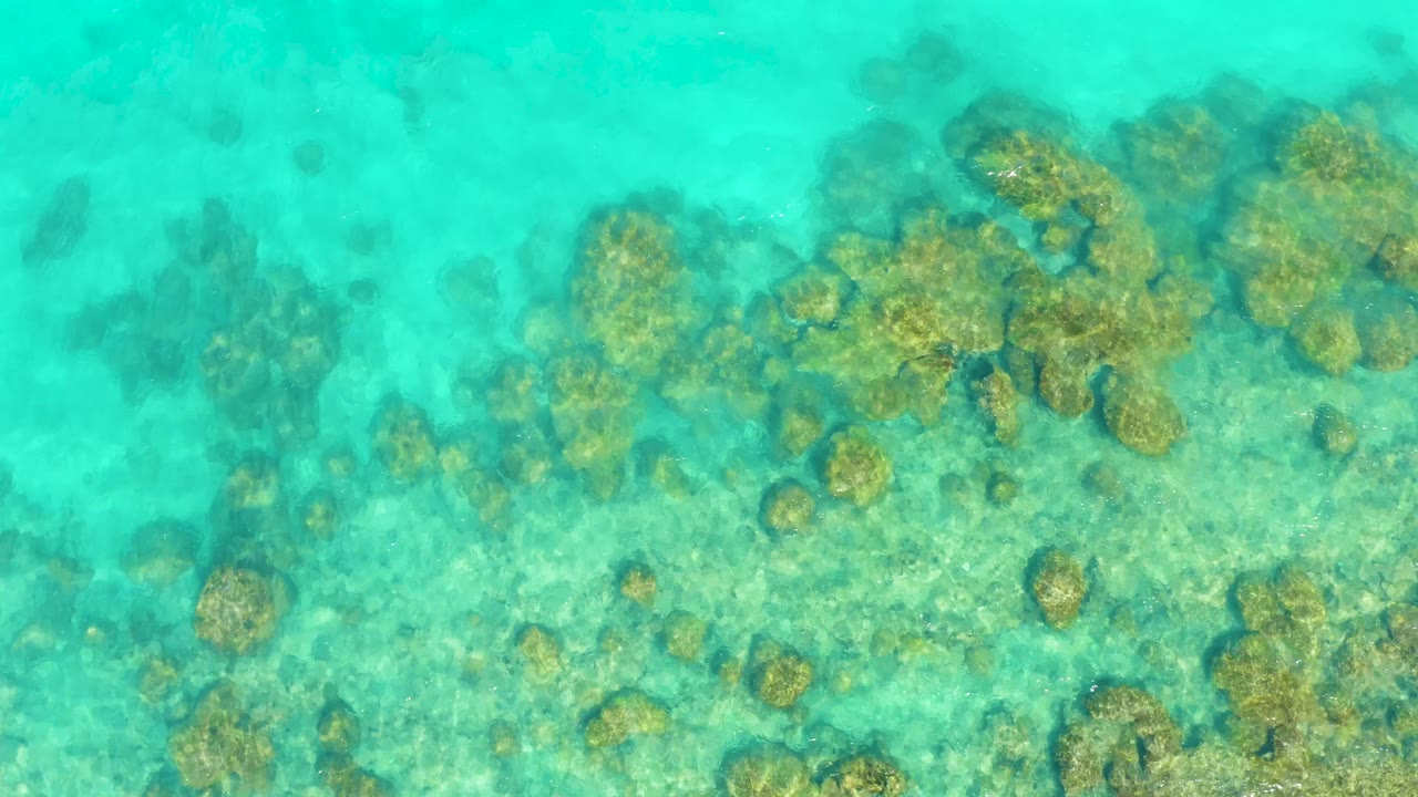 Aerial view over Cabo Pulmo reef patches under bright blue green water, with darker submerged areas to the left and no visible people.