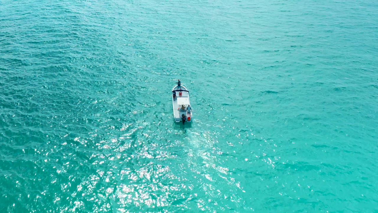 Small boat near the upper center of clear turquoise water at Marquis Los Cabos, with bright reflections and no visible people.