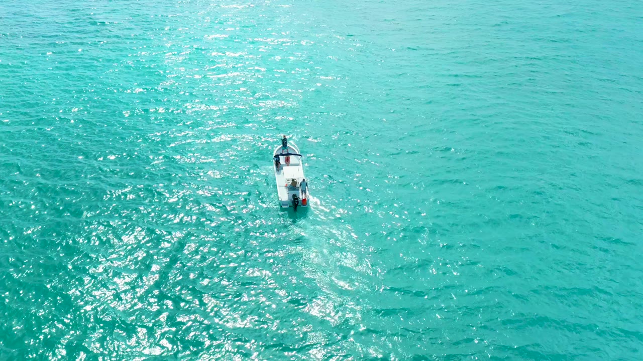 Small boat on turquoise ocean seen from above.