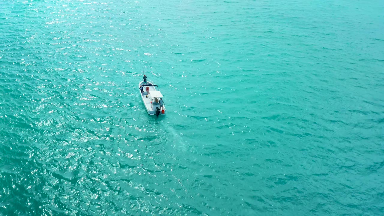 Motorboat with gentle wake on calm turquoise water.