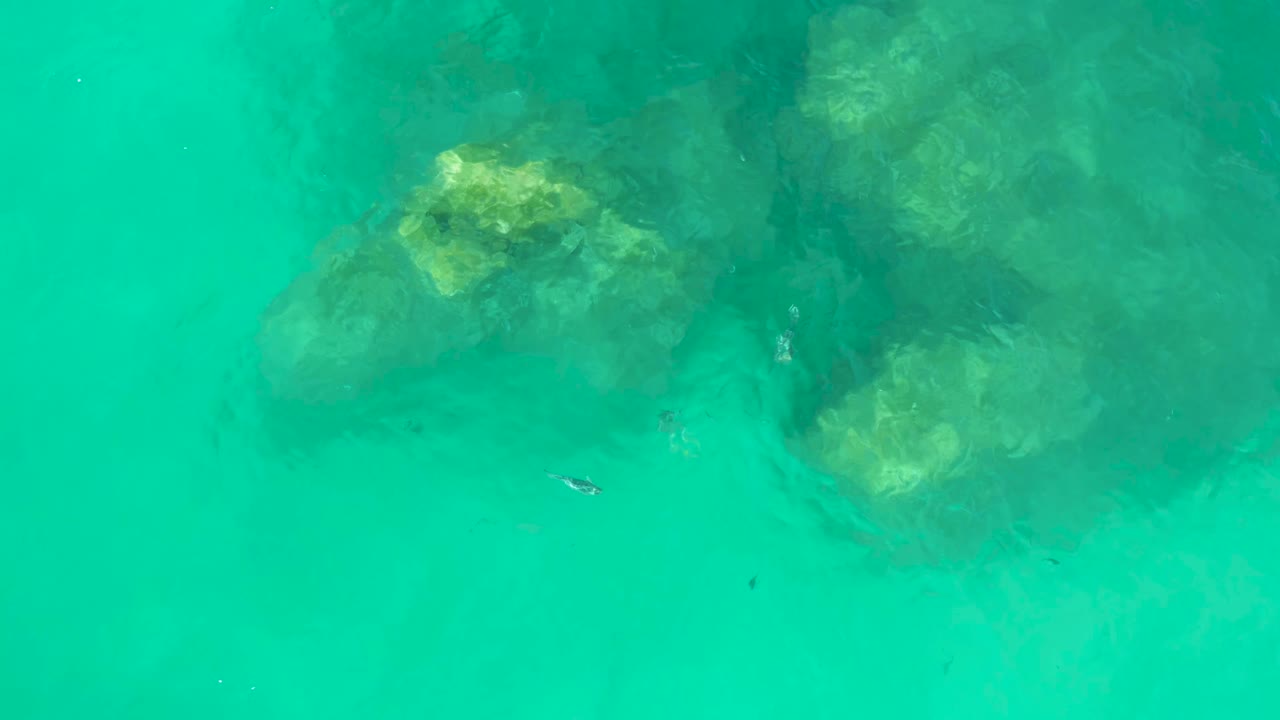 Overhead turquoise sea with large underwater rocks and swimmers between them.
