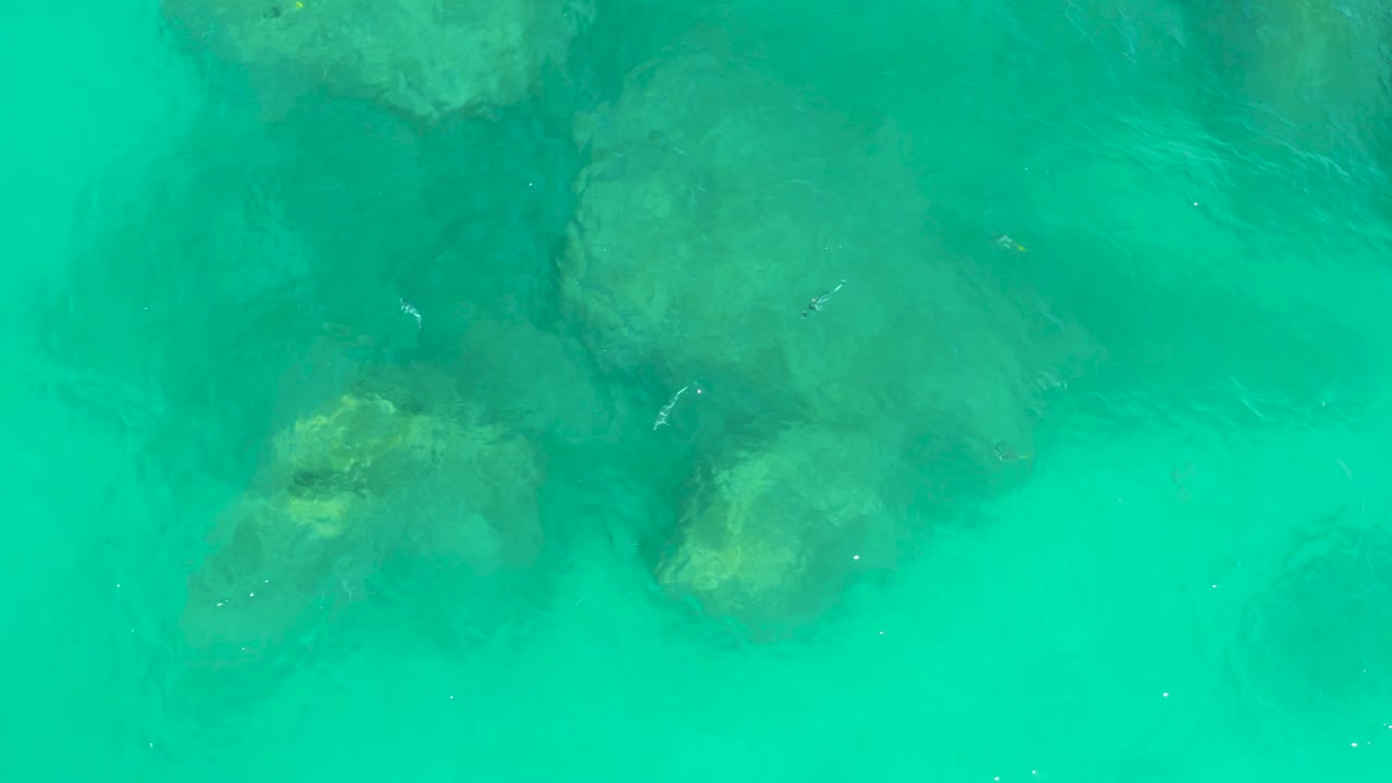 Aerial-looking frame of clear green-blue water at Dreams Los Cabos, with a large submerged rock cluster left of center and no visible people.