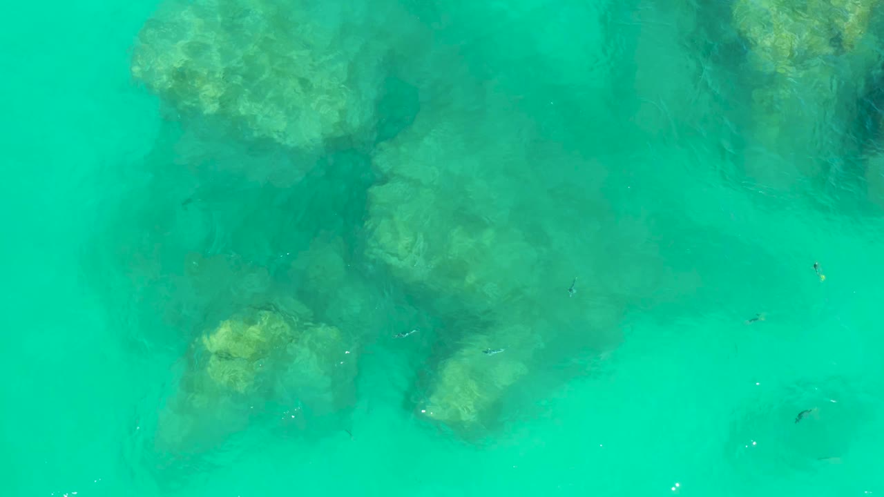 Clear water with shadowed rocks and tiny fish around the seabed.