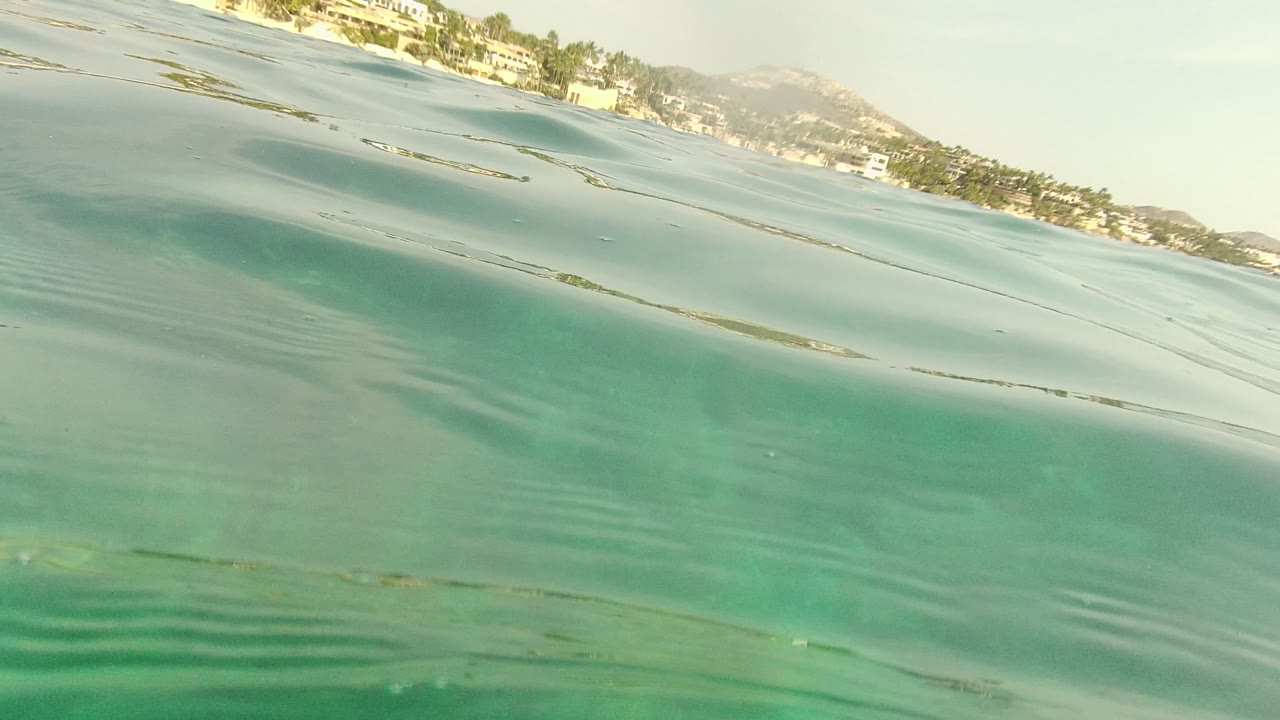 Rippling water surface with shoreline near the top of frame