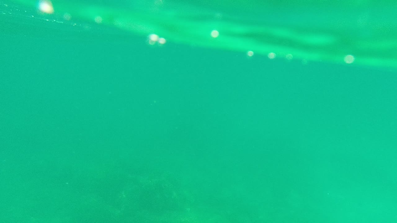 Underwater view in Palmilla Los Cabos with green-turquoise water, faint rocky seabed forms, surface glow near the top, and no visible people.