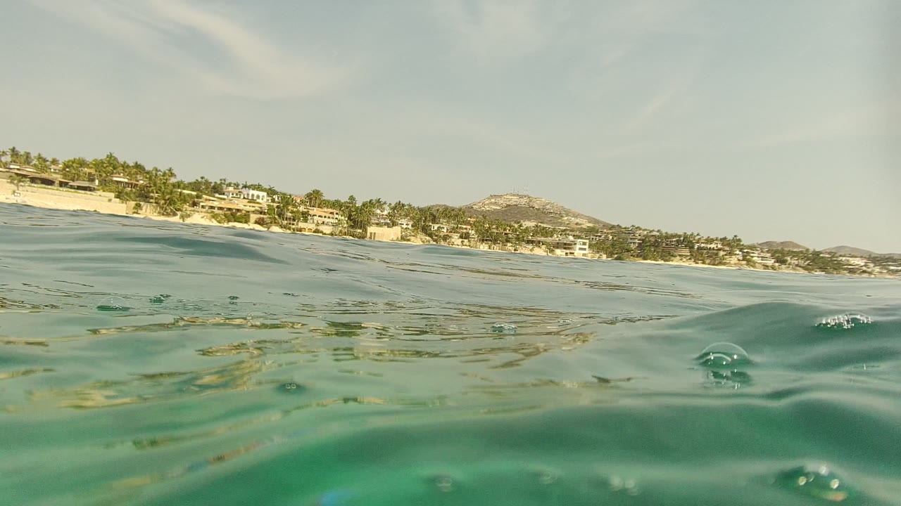 Water-level view off Palmilla Los Cabos showing turquoise surface water, beach, palm trees, shoreline buildings, distant hills, and no visible people.