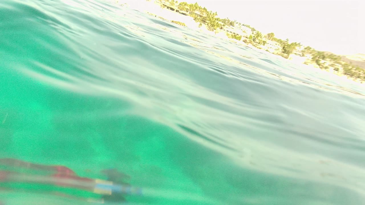 Split waterline view in Palmilla Los Cabos showing rippled turquoise water, a distant tree-lined shoreline, and no visible people.