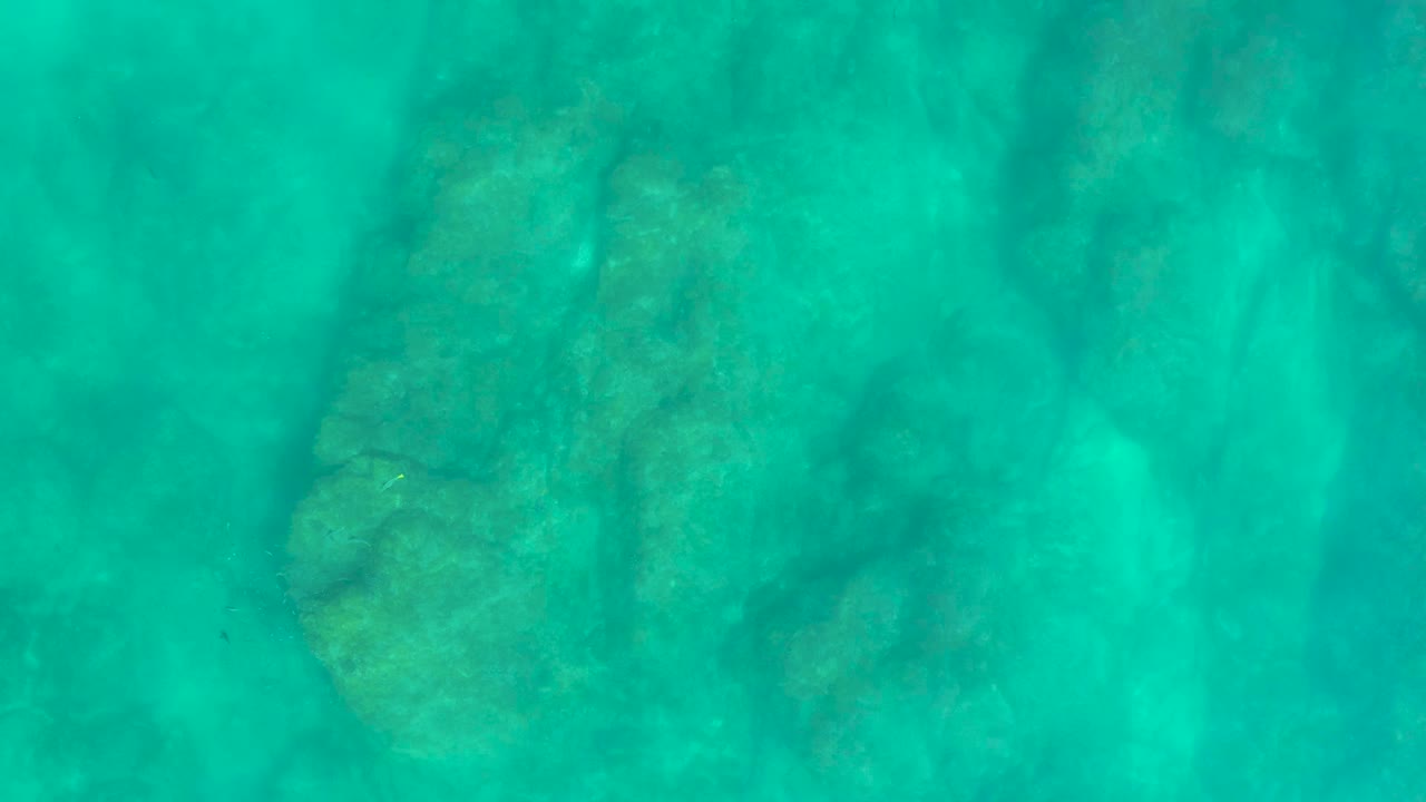 Turquoise underwater view with coral and rocks beneath the surface.