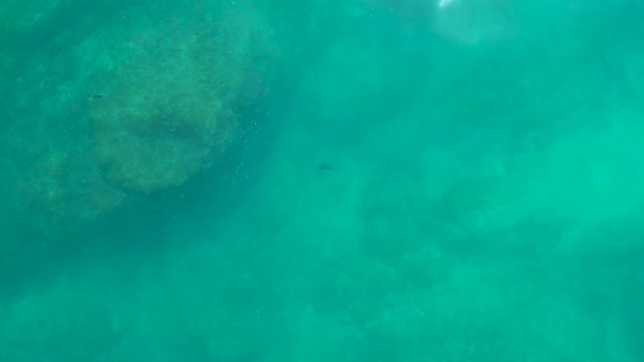 A larger section of the submerged rock sits near the top of the frame at Shipwrecks Los Cabos, with cloudy turquoise water beneath it and no visible people.