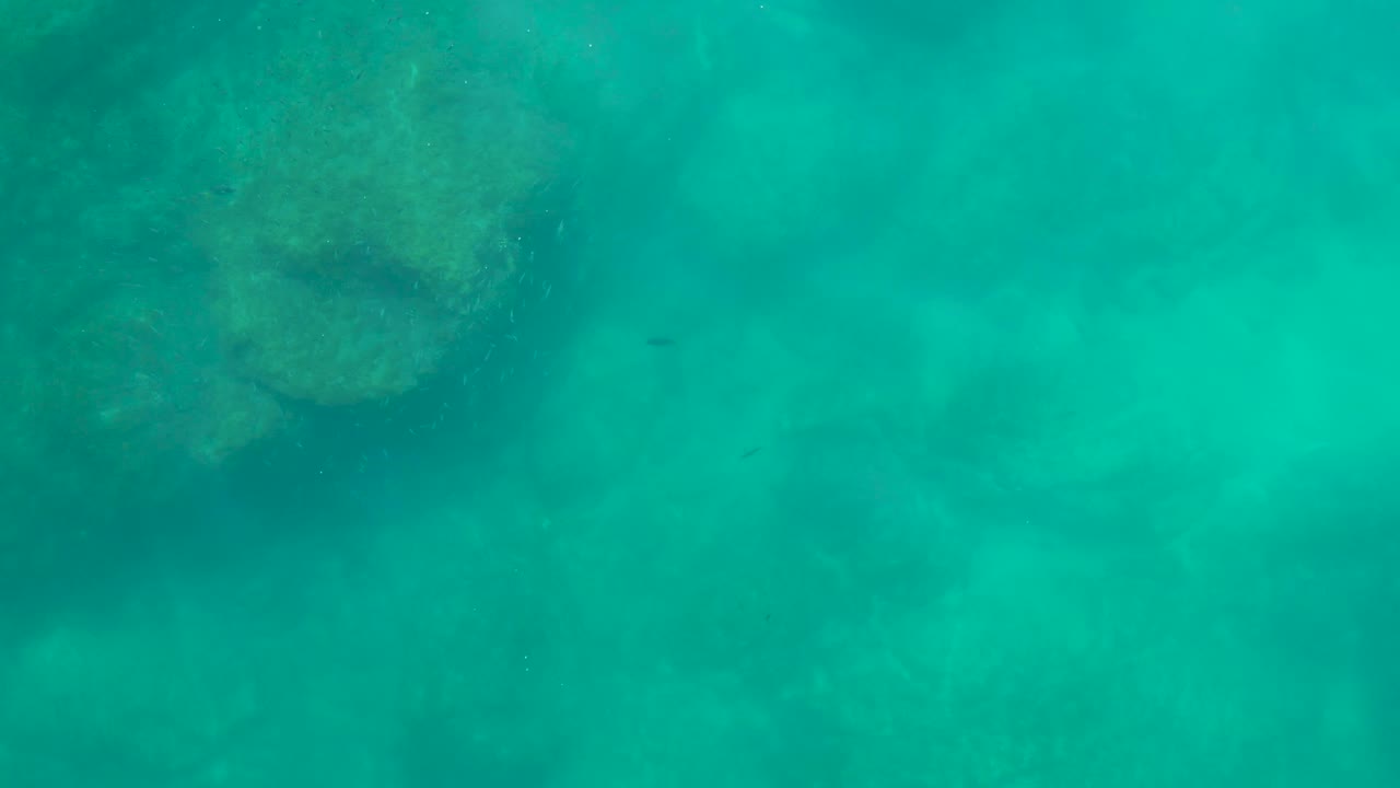 The underwater view holds on turquoise water and a faint rock formation near the upper edge at Shipwrecks Los Cabos, with a small dark fish-like speck and no visible people.