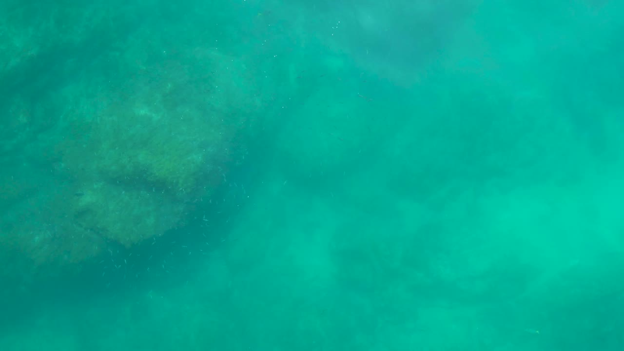 Underwater view at Shipwrecks Los Cabos with green-blue water over rounded submerged rocks and diffuse light across the rocky seabed, with no visible people.