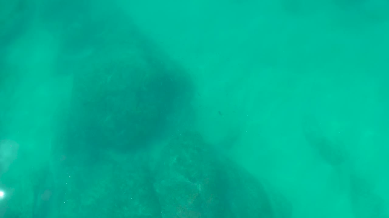 Turquoise underwater view with dark rocky seabed shapes