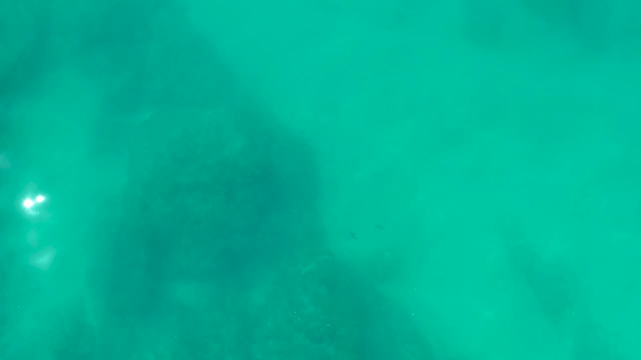 Underwater frame at Shipwrecks Los Cabos with turquoise water, dark seabed forms, a small bright light glint at left, and no visible people.