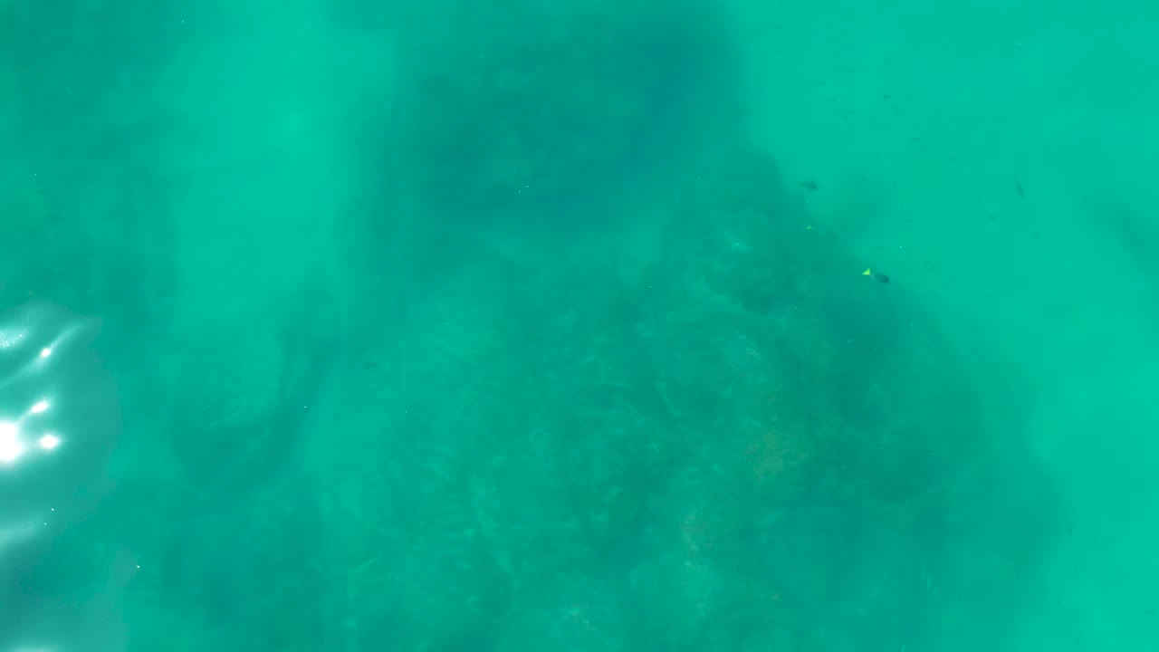 Turquoise water over a rocky seabed with faint small fish
