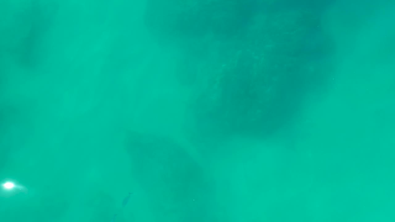 Second frame at Shipwrecks Los Cabos with dark underwater shapes spread across bright turquoise water and a small light reflection near the center.