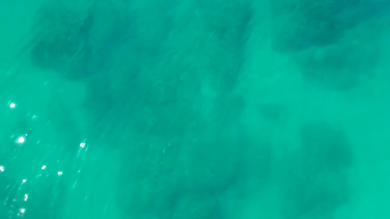 Clear turquoise water covers broad dark coral patches at Shipwrecks Los Cabos, with a cluster of small sun glints toward the lower center and no visible people.