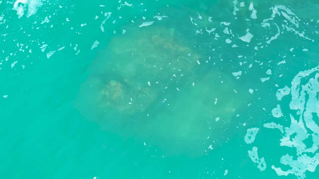 Sea turtle under turquoise ocean water with foam and pale underwater shapes.