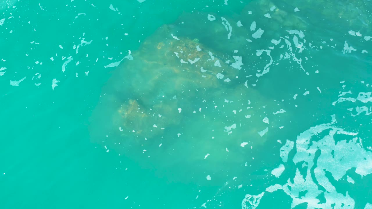 Top-down frame from Marquis Los Cabos, Mexico, with the jellyfish faint under the surface, brighter foam at the lower right edge, and no visible people.