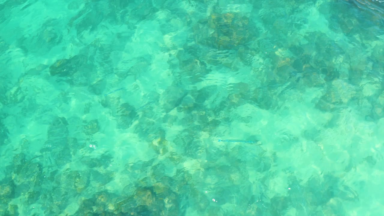 Clear blue-green water ripples over a mixed rocky and coral-like seabed at Marquis Los Cabos, Mexico, with no visible people.