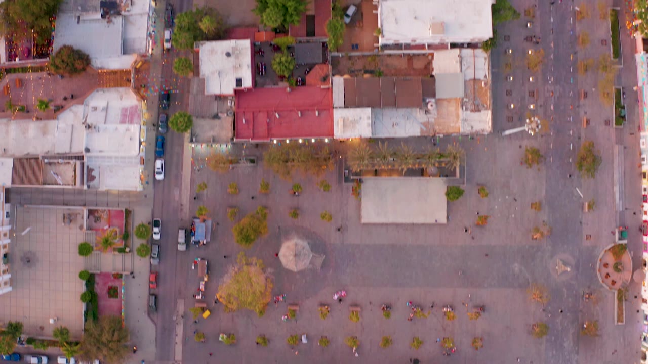 Top-down city block with plaza edge, low buildings, trees, and roadways.