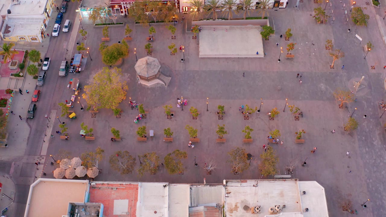 Aerial San Jose del Cabo town-square frame at 0:02 with the gazebo near center, planted trees in rows, building edges at the bottom and top, and small groups of pedestrians visible around the plaza.