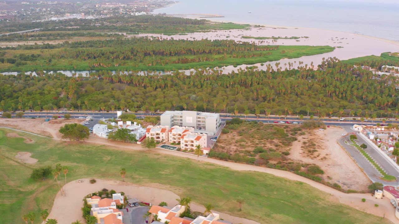 High aerial frame of San Jose del Cabo with green grass and white low-rise buildings in front, a road and tree canopy behind them, and pale beach and ocean in the distance, with no visible people.
