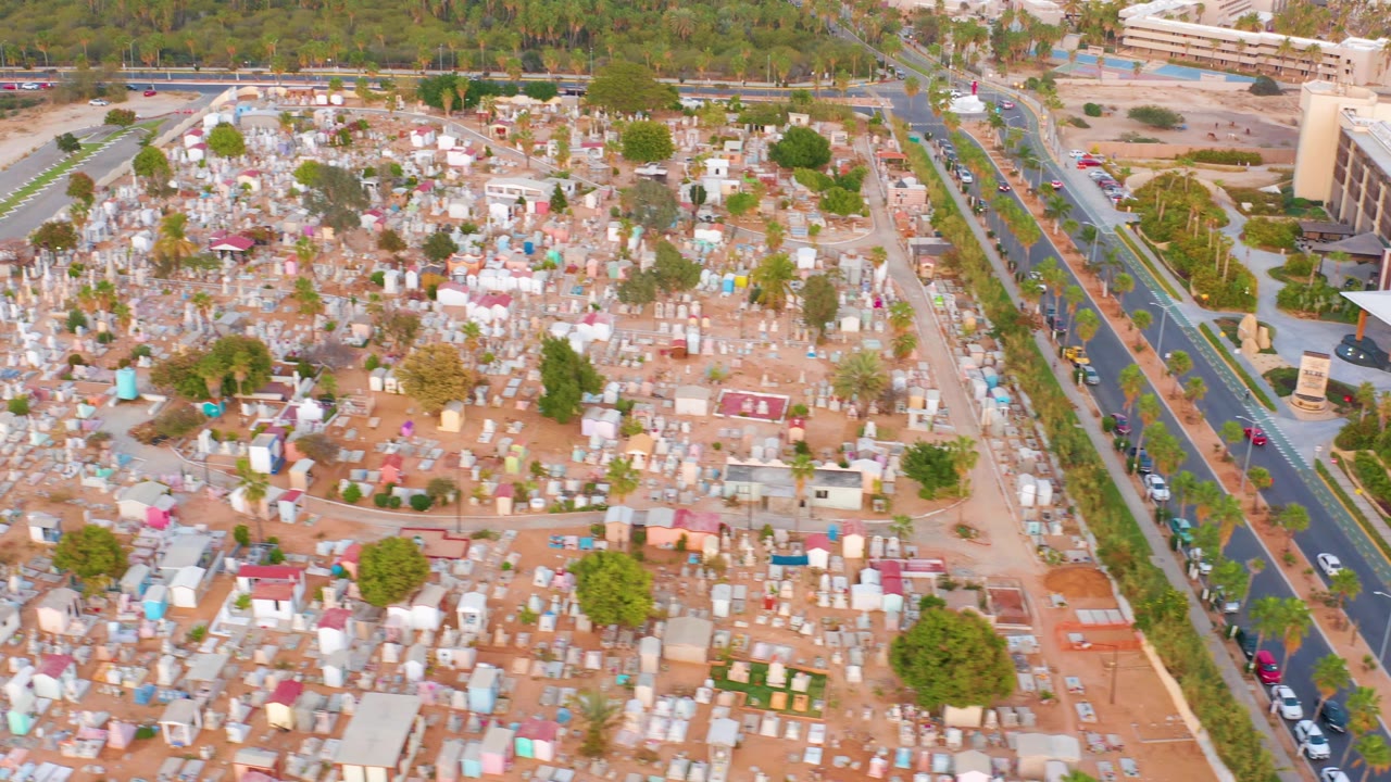 Aerial view over a large cemetery in San Jose Del Cabo, Mexico, with dense tombs, scattered trees, a bordering road with cars, and no visible people.