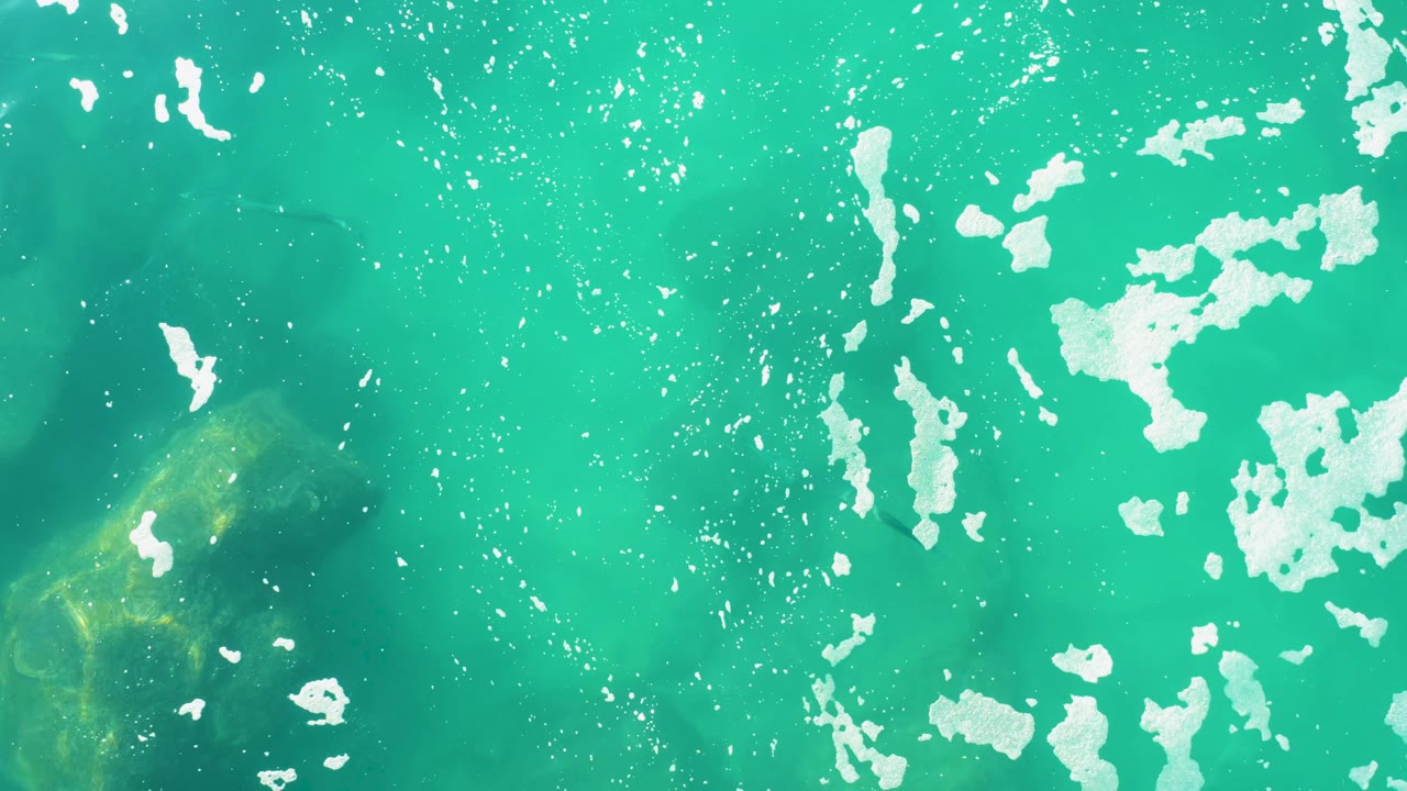 Aerial-looking view of Laguna Beach Los Cabos water with scattered white foam, green-blue shallows, muted submerged rocks, and no visible people.