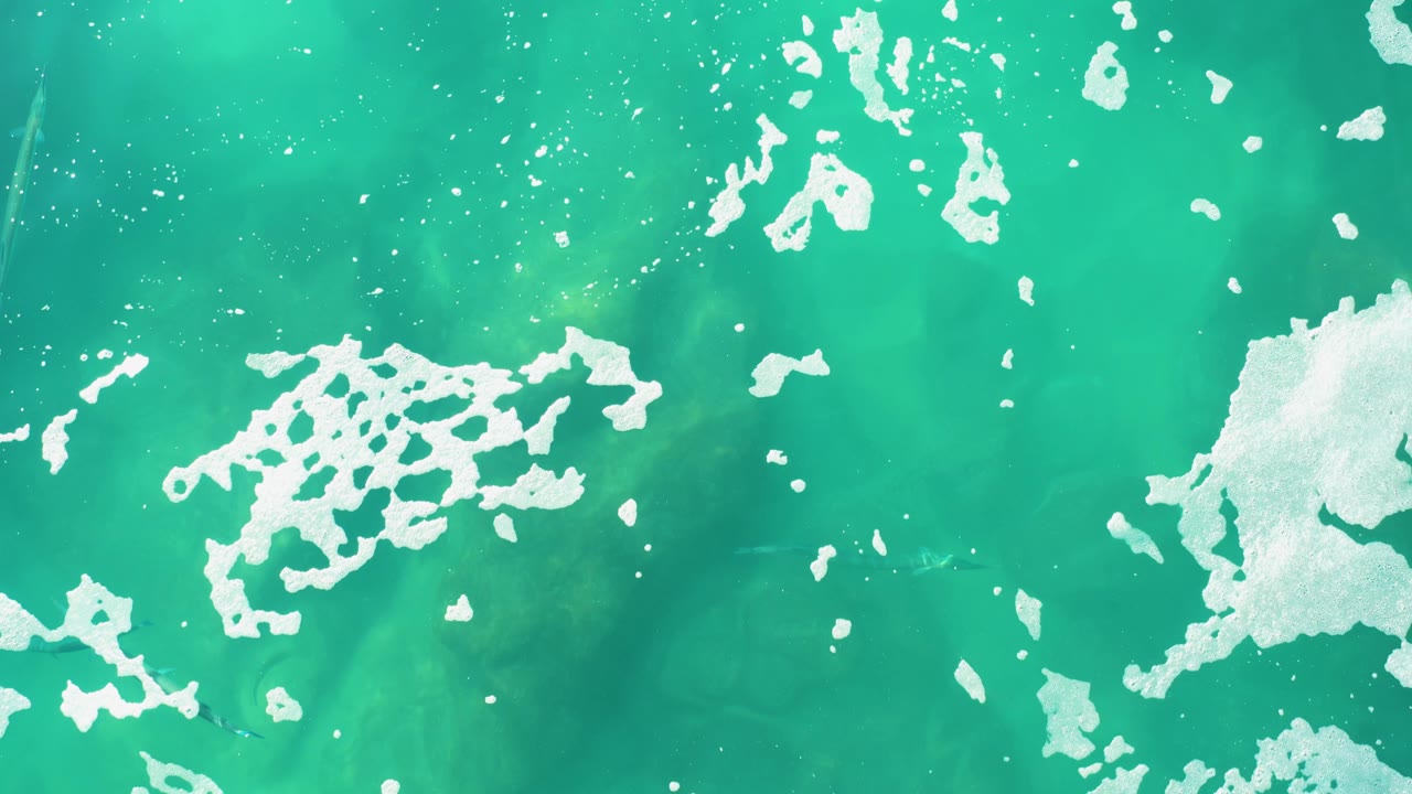 Top-down view of turquoise ocean water at Laguna Beach Los Cabos with scattered white foam patches and no visible people.