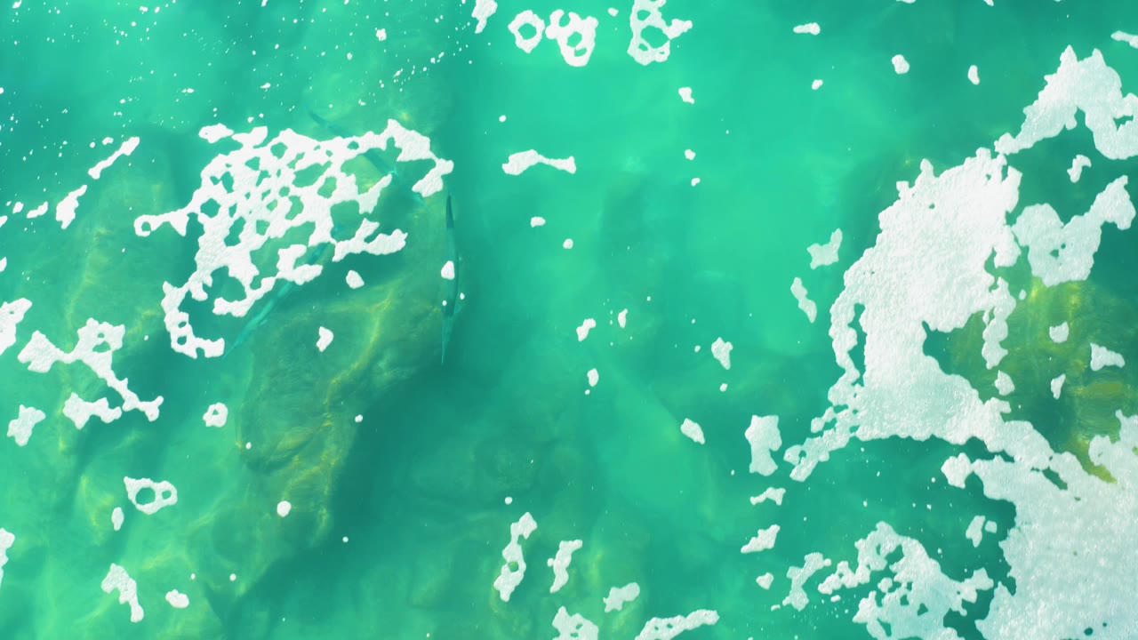 Overhead turquoise water with white foam and faint fish shapes below.