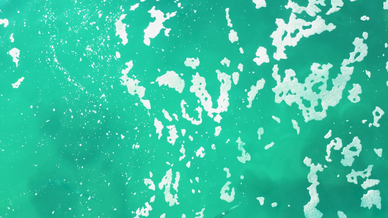 Foamy turquoise ocean seen from above with a faint submerged animal shape near the lower edge.