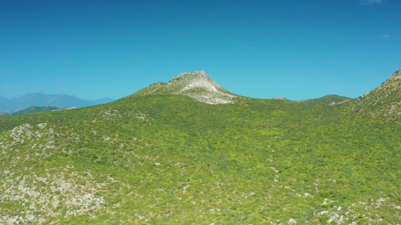 A broad view of scrub-covered mountain slopes in Laguna Beach Los Cabos, with a pale rocky peak near the upper left and no visible people.