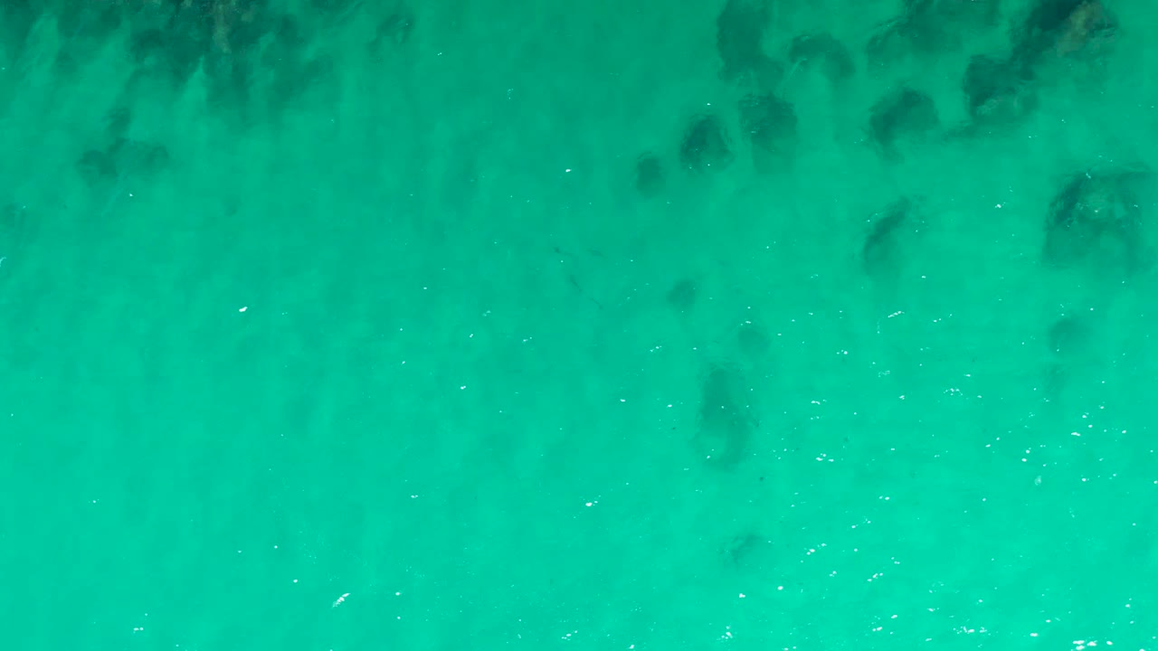 Overhead frame of clear blue-green water in Laguna Beach Los Cabos, with faint darker submerged formations spread across the upper area and no visible people.