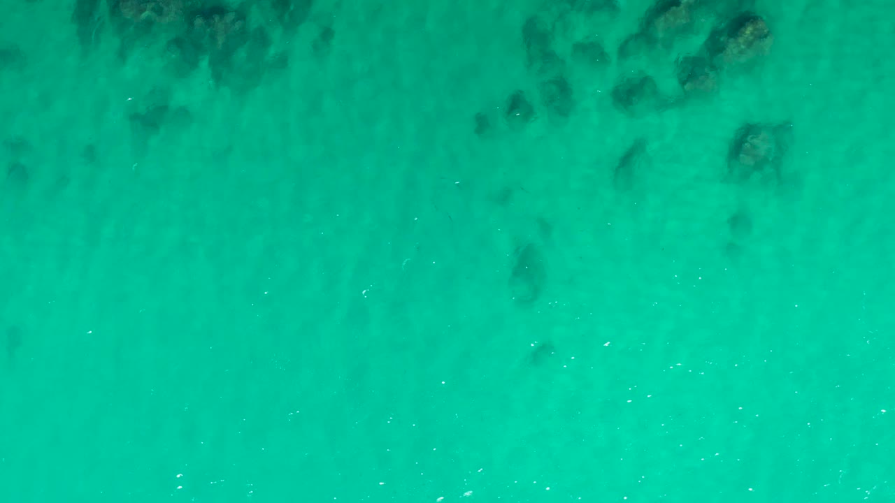 Overhead turquoise ocean at Laguna Beach Los Cabos reveals dark rock clusters under the water and a broad smooth surface area, with no visible people.
