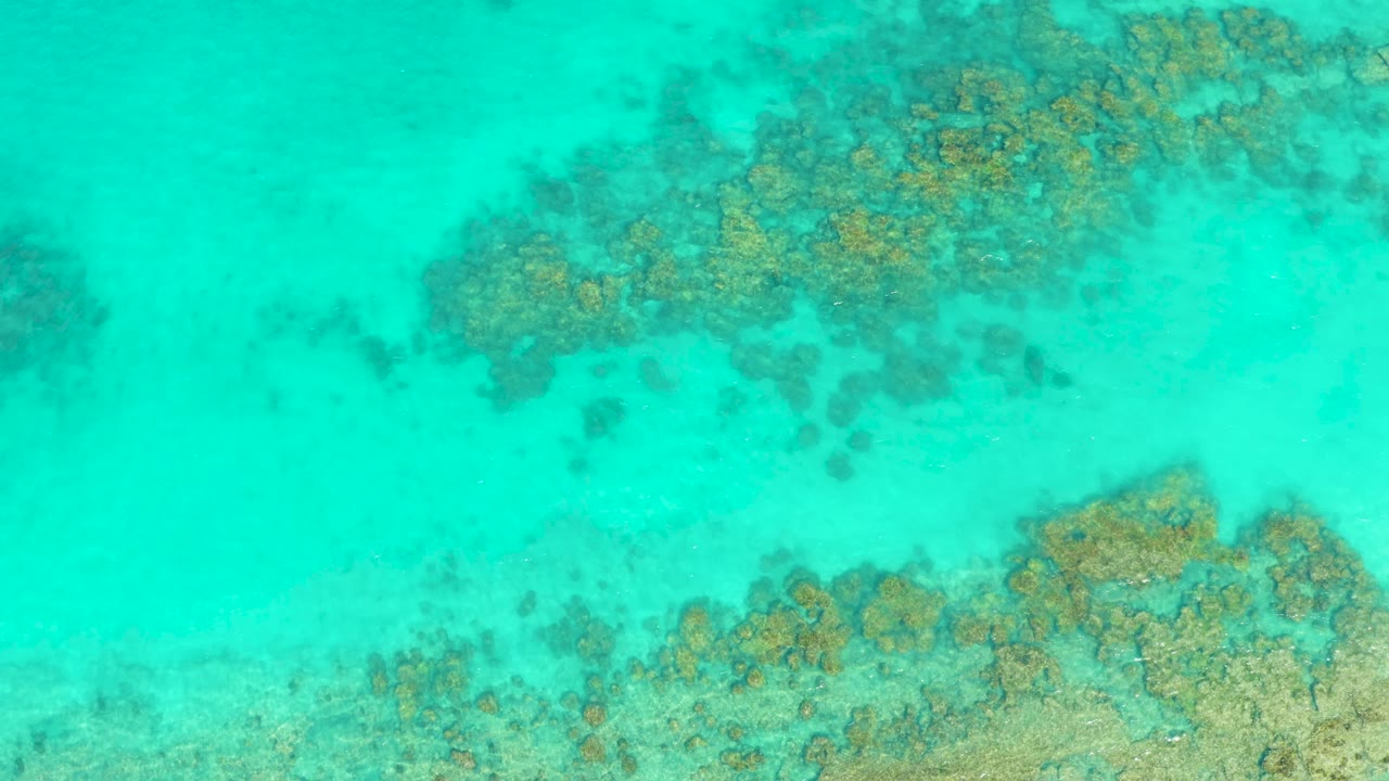 Clear blue-green ocean water reveals tan coral clusters and sandy channels in Cabo Pulmo, with no visible people.