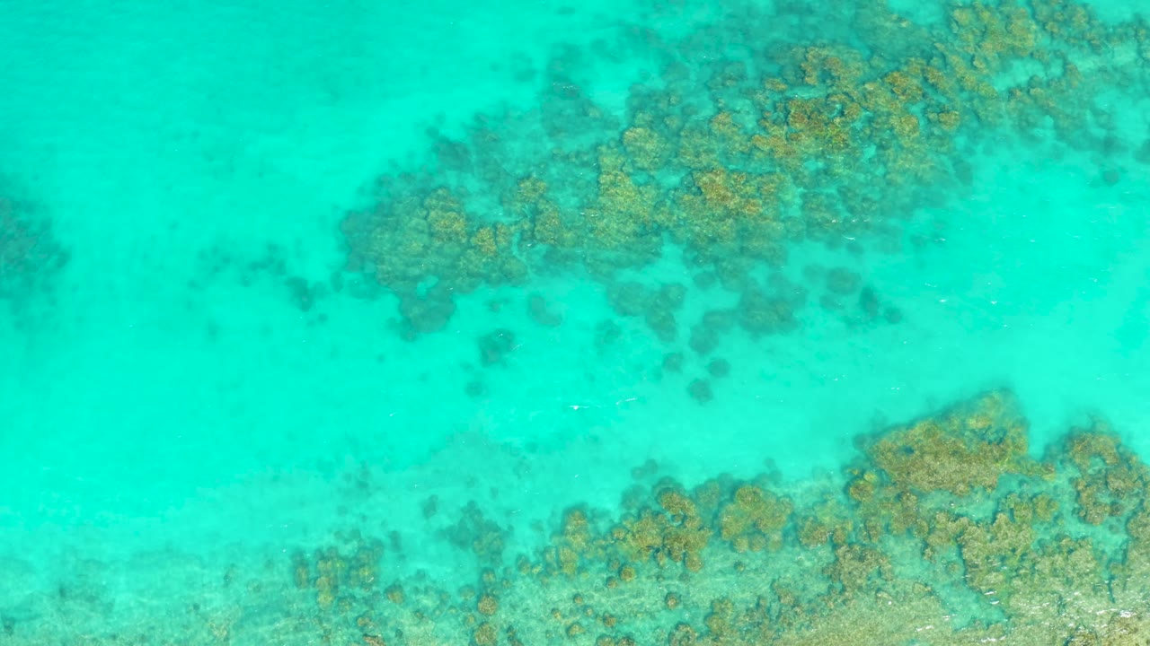 Mid-clip overhead view of darker reef shapes under rippled turquoise water in Cabo Pulmo, Baja California Sur, with no visible people.
