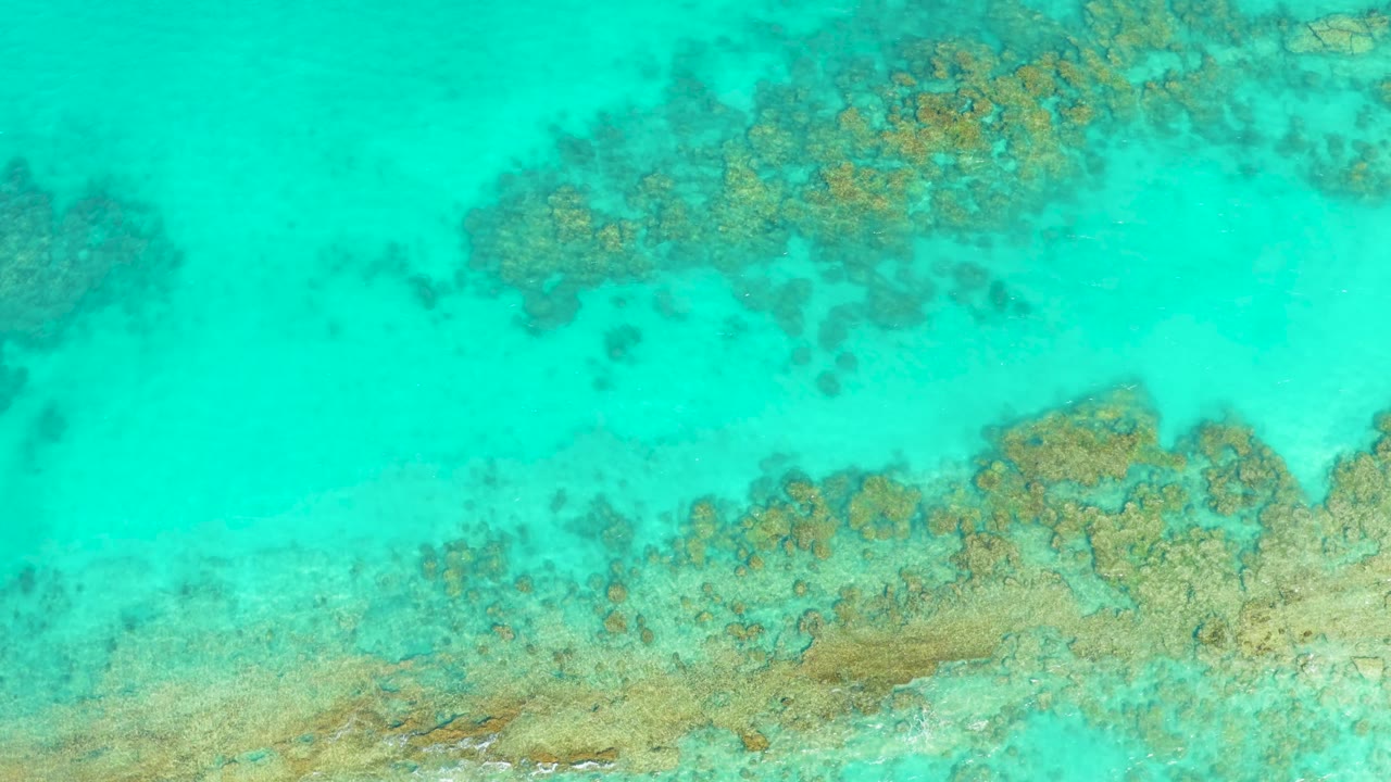 Bright turquoise water reveals irregular coral formations and a sandy seabed in Cabo Pulmo, Mexico, with no visible people.