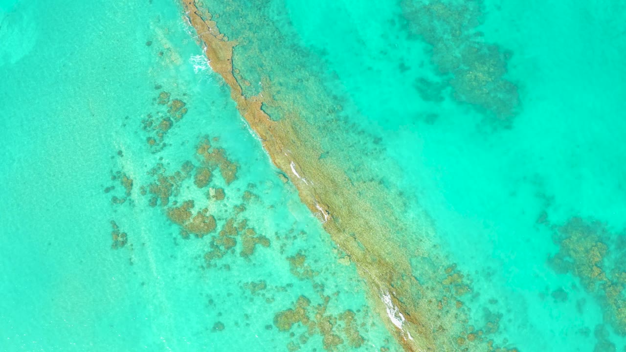 Overhead Cabo Pulmo frame showing the tan sandbar running from upper left toward lower center, faint white surf along one edge, and no visible people.