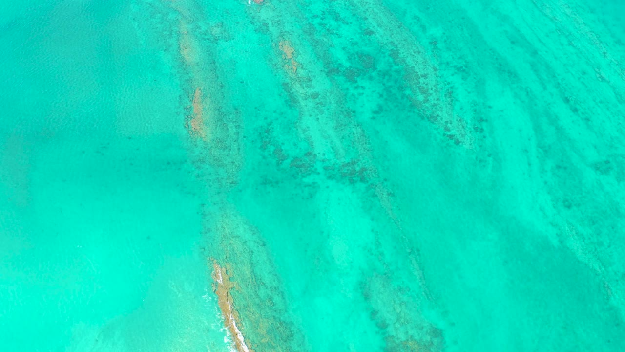Clear blue-green water over diagonal submerged coral formations and pale sand in Cabo Pulmo, with no boats, shoreline, or visible people.