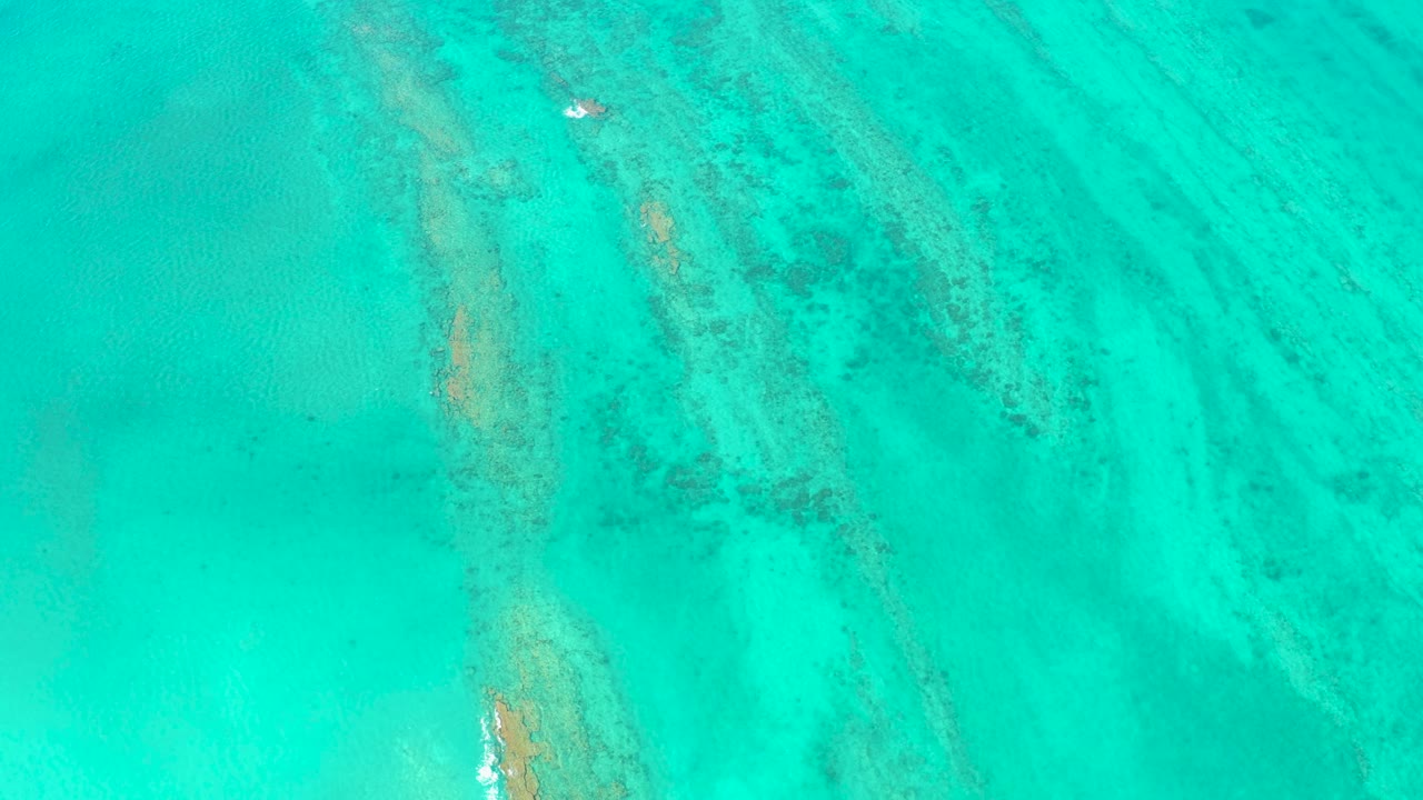 Overhead Cabo Pulmo water view with elongated dark underwater patches, tan submerged texture near center, and a small white mark near the upper frame, no visible people.