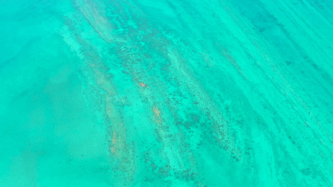 Overhead Cabo Pulmo frame with bright turquoise water, darker coral patches running diagonally, a small fish over the seabed, and no visible people.