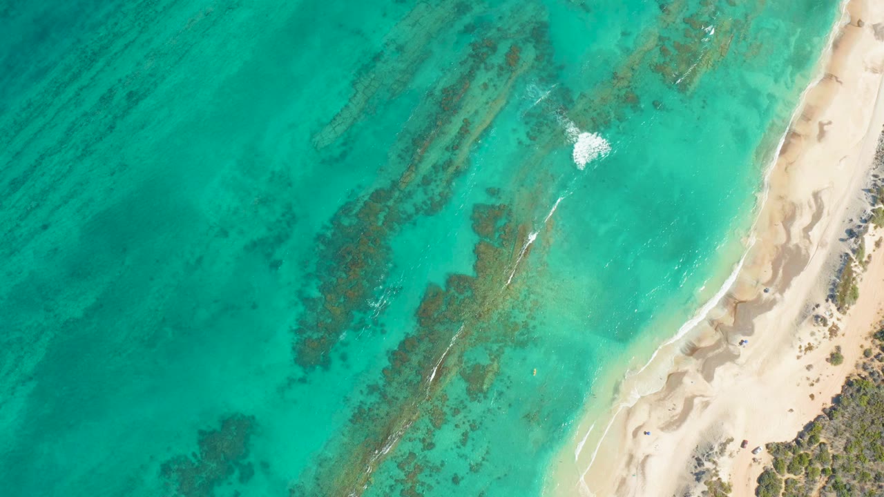 Aerial frame over Cabo Pulmo water showing dark submerged reef texture, pale sand on the right, a small white disturbance on the water, and no visible people.